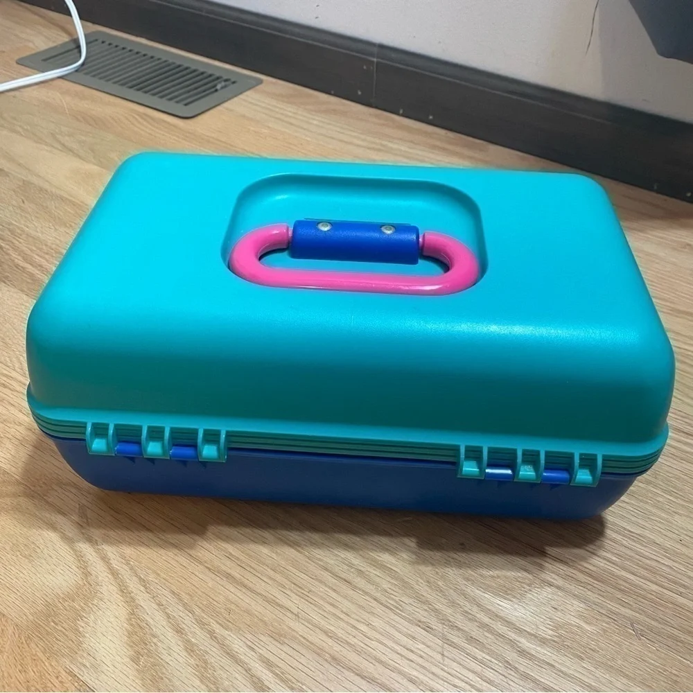 Vintage Caboodles Makeup Organizer Storage Teal Blue Pink